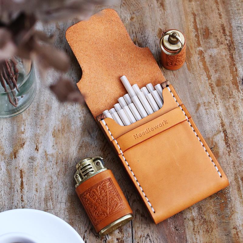 Cool Wooden Beige Leather Womens 20pcs Cigarette Case Custom Cigarette Holder for Women