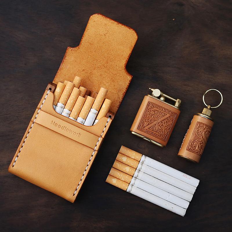 Wooden Beige Leather Mens Cigarette Case Cool Handmade Custom Cigarette Holder for Men