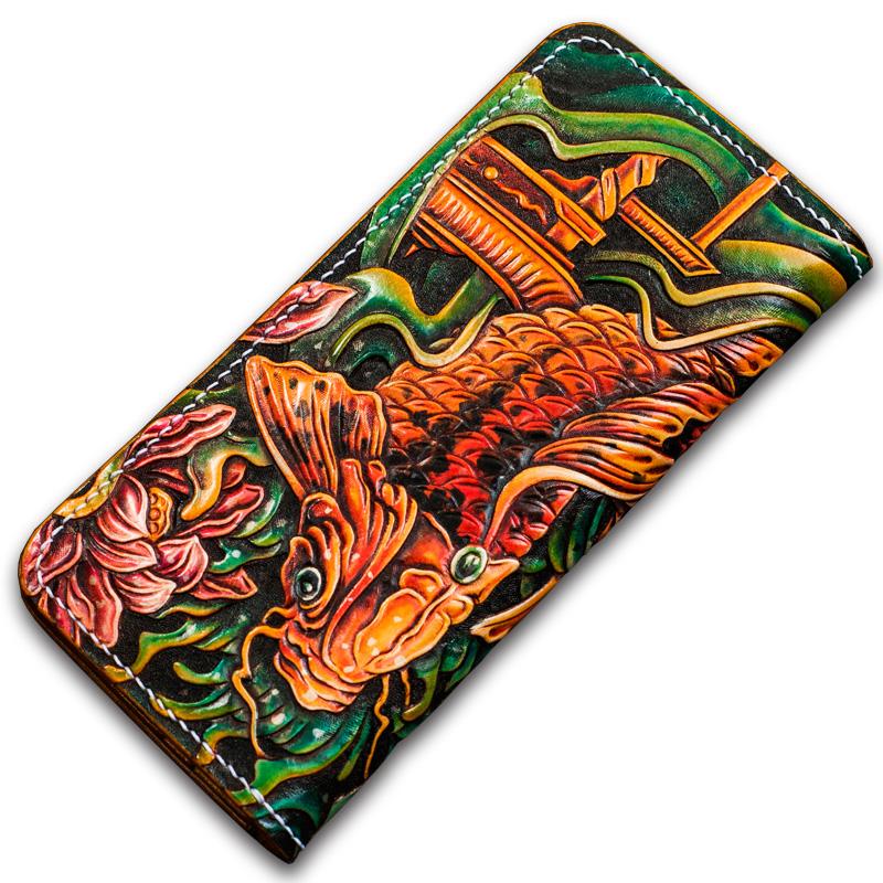 Handmade Leather Men Tooled Carp Cool Leather Wallet Long Phone Wallets for Men