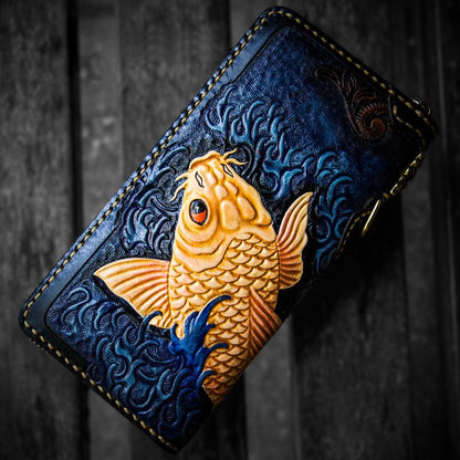 Handmade Leather Men Tooled Carp Cool Leather Wallet Long Phone Wallets for Men