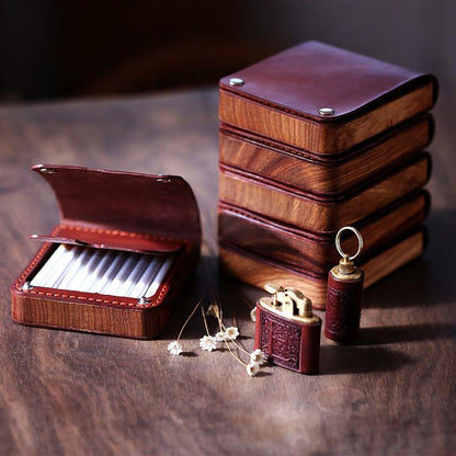 Handmade Wooden Coffee Leather Mens 20pcs Cigarette Case Cool Custom Cigarette Holder for Men