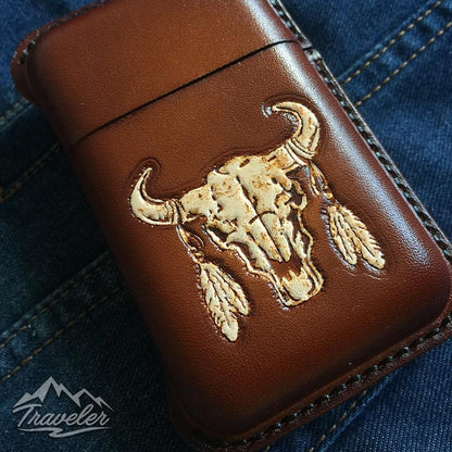 Brown Leather Mens Engraved Skull Cigarette Holder Case Vintage Custom Cigarette Case for Men