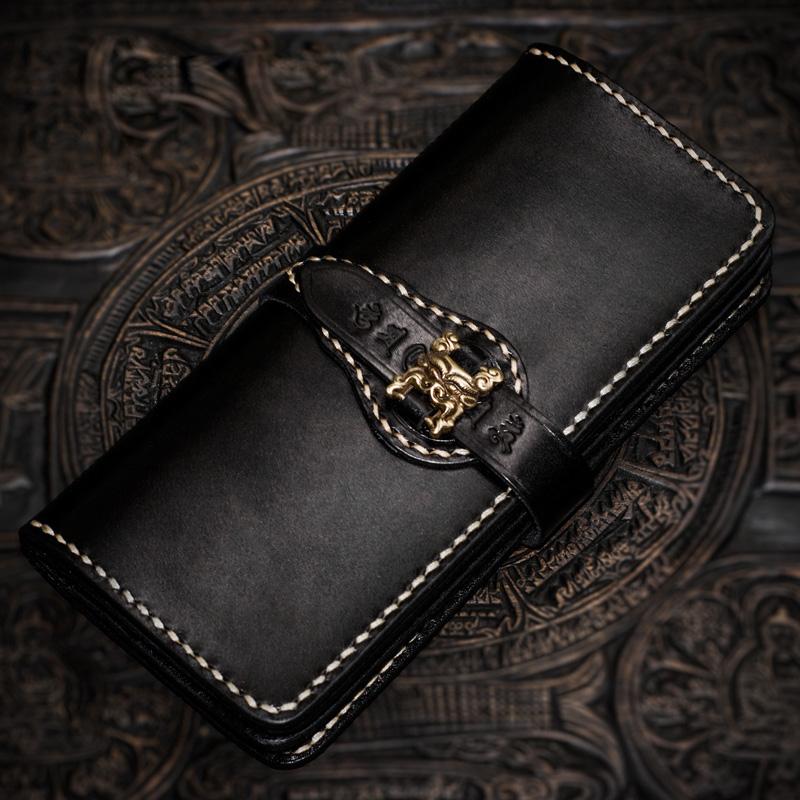 Handmade Leather Men Tooled Chinese Lion Cool Leather Wallet Long Phone Wallets for Men