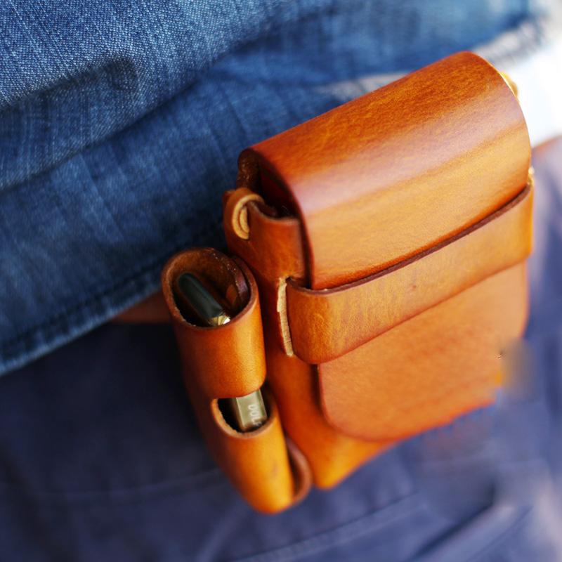 Handmade Brown Leather Mens Cigarette Case Cigarette Holder Belt Pouch with Belt Loop for Men