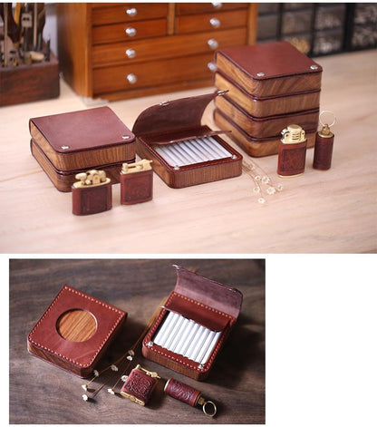 Handmade Wooden Leather Mens 20pcs Cigarette Case Cool Custom Cigarette Holder for Men