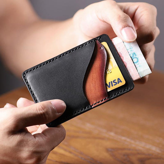 Black Leather Mens Front Pocket Wallet Personalized Slim Card Wallets for Men