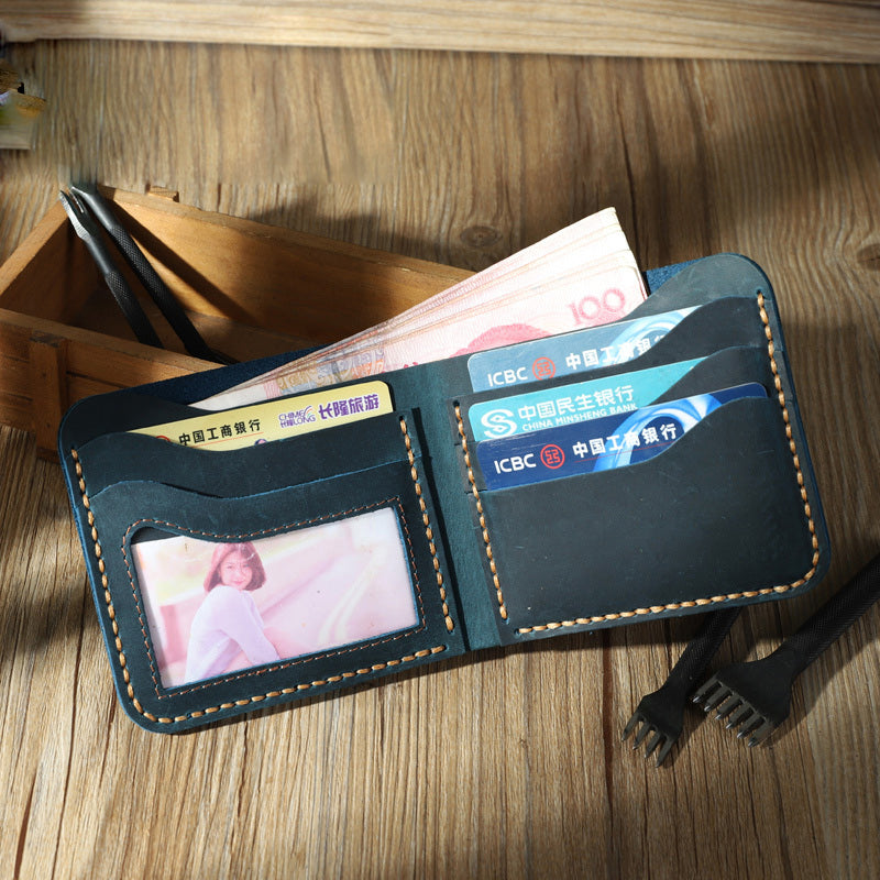 Handmade Slim Coffee Leather Mens Billfold Wallet Personalize Bifold Small Wallets for Men