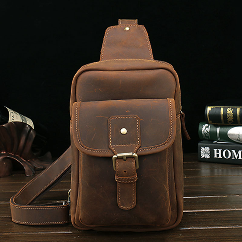 Vintage Leather Mens Sling Shoulder Bags Sling Bag Chest Bag Sling Backpack for men