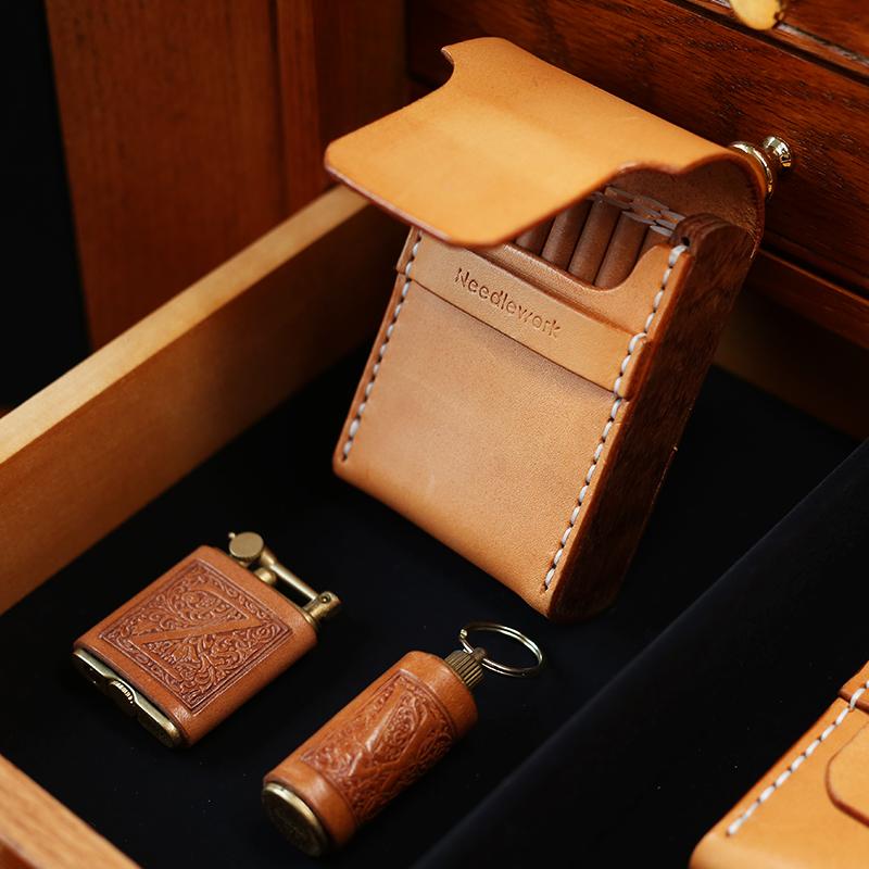 Wooden Beige Leather Mens Cigarette Case Cool Handmade Custom Cigarette Holder for Men