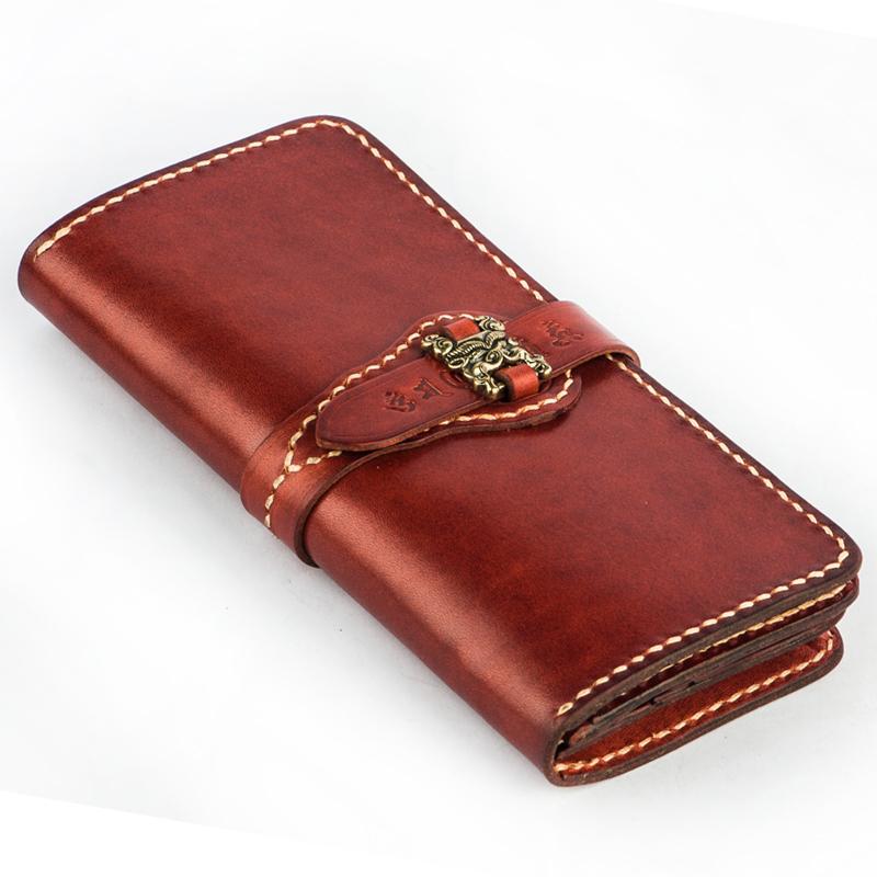 Handmade Leather Men Tooled Chinese Lion Cool Leather Wallet Long Phone Wallets for Men