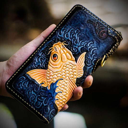 Handmade Leather Men Tooled Carp Cool Leather Wallet Long Phone Wallets for Men