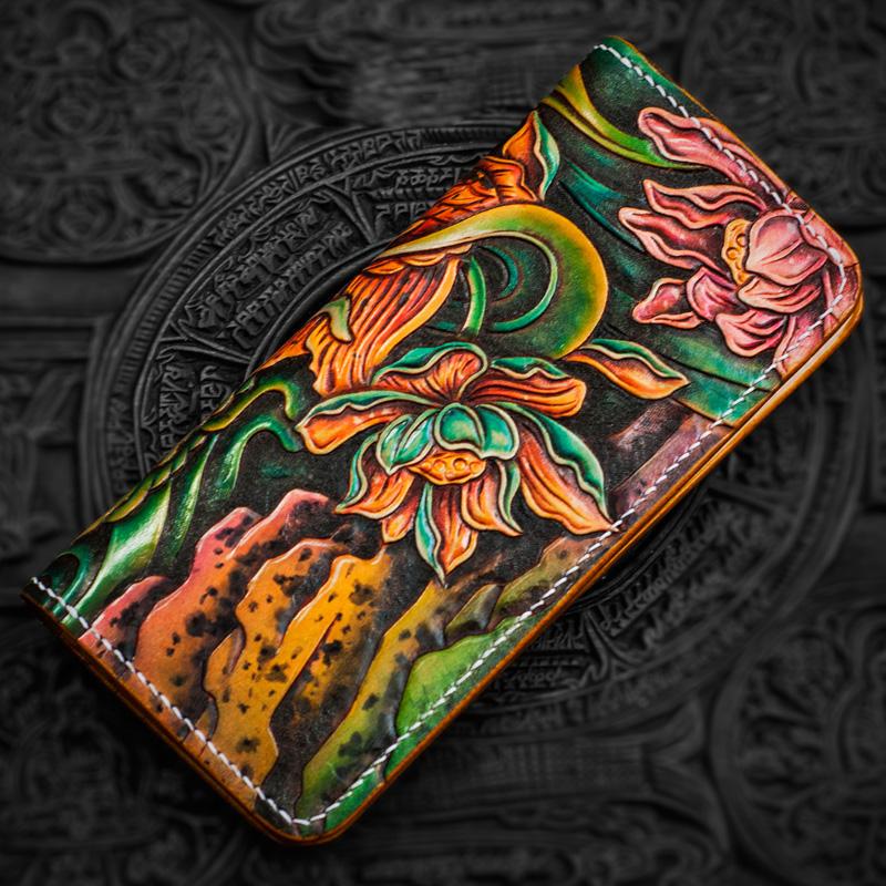 Handmade Leather Men Tooled Carp Cool Leather Wallet Long Phone Wallets for Men