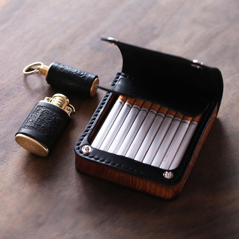 Handmade Wooden Coffee Leather Mens 10pcs Cigarette Case Cool Custom Cigarette Holder for Men