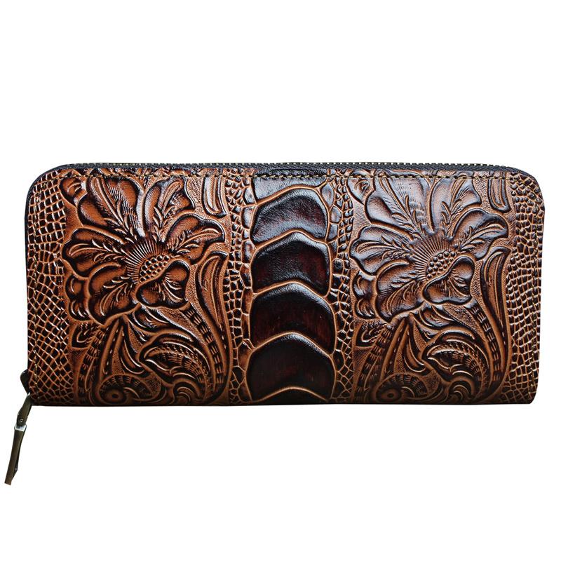 Handmade Leather Floral Mens Cool Zipper Phone Travel Long Wallet Card Holder Card Slim Clutch Wallets for Men