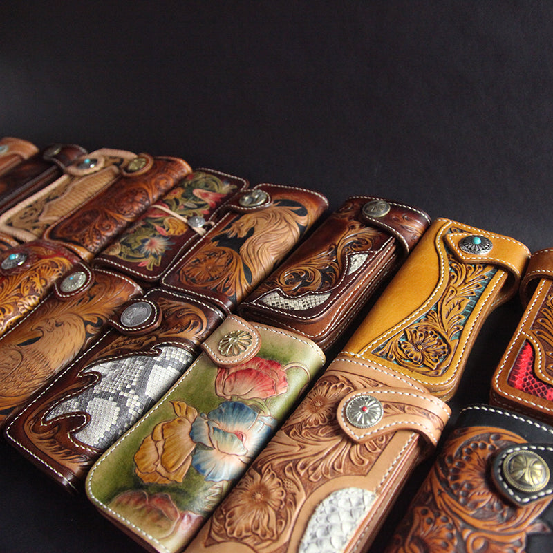 Tooled Handmade Leather Mens Long Biker Wallets Chain Wallet Biker Chain Wallets For Men