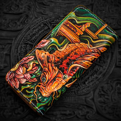 Handmade Leather Men Tooled Carp Cool Leather Wallet Long Phone Wallets for Men