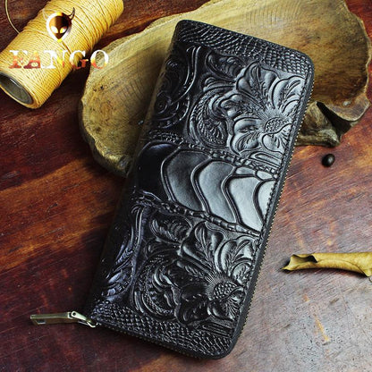 Handmade Leather Floral Mens Cool Zipper Phone Travel Long Wallet Card Holder Card Slim Clutch Wallets for Men