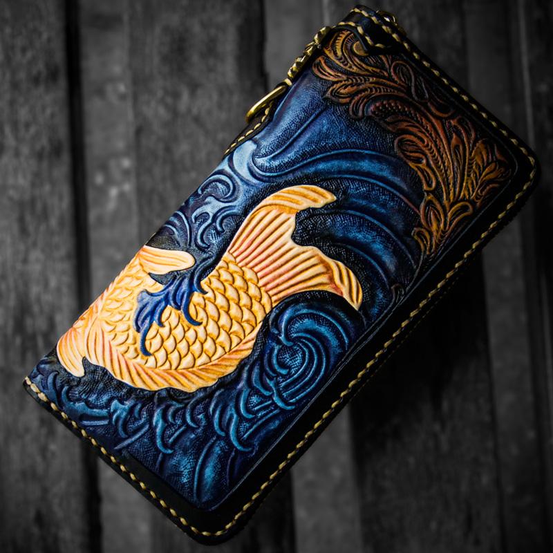 Handmade Leather Men Tooled Carp Cool Leather Wallet Long Phone Wallets for Men