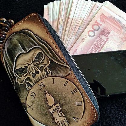 Handmade Leather Skull Death Tooled Mens Long Wallet Cool Leather Wallet Clutch Wallet for Men