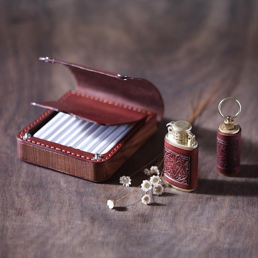 Handmade Wooden Coffee Leather Mens 20pcs Cigarette Case Cool Custom Cigarette Holder for Men