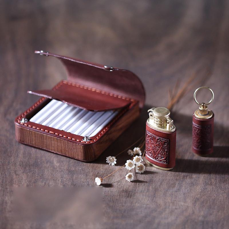 Handmade Wooden Coffee Leather Mens 7pcs Cigarette Case Cool Custom Cigarette Holder for Men