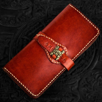 Handmade Leather Men Tooled Chinese Lion Cool Leather Wallet Long Phone Wallets for Men