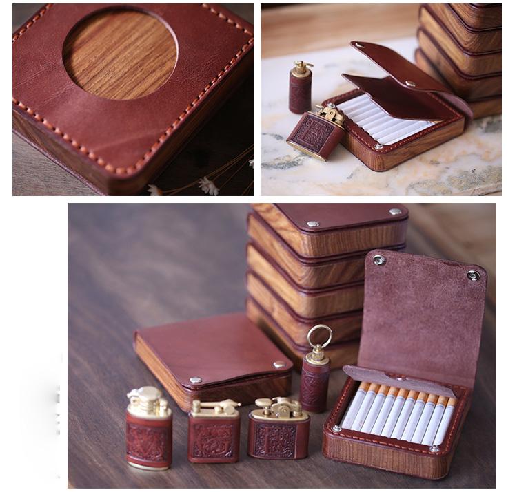 Handmade Wooden Coffee Leather Mens 20pcs Cigarette Case Cool Custom Cigarette Holder for Men