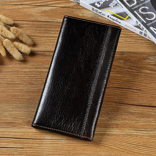 Genuine Leather Mens Trifold Wallet Coffee Long Wallet for Men with Multi Cards