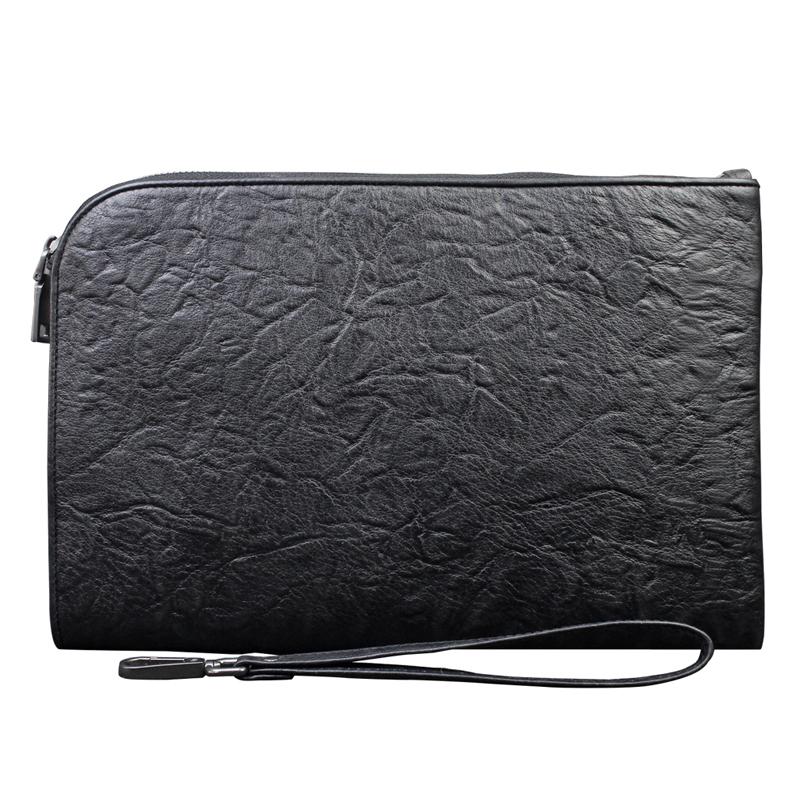 Handmade Leather Black Mens Clutch Cool Slim Wallet Zipper Clutch Wristlet Wallet for Men