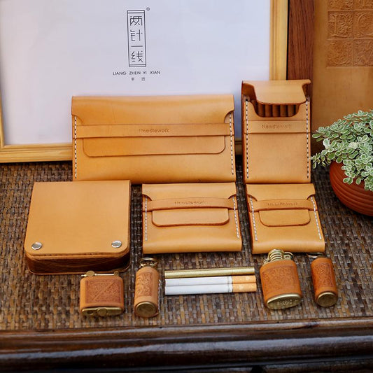 Cool Wooden Beige Leather Mens 20pcs Cigarette Case Custom Cigarette Holder Case for Men