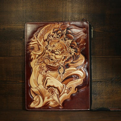 Handmade Leather Tooled Mens Cool Long Leather iPad Bag Wristlet Clutch Wallet for Men