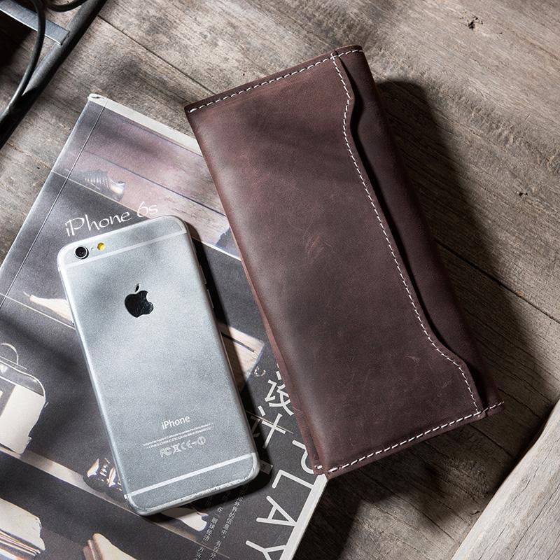 Handmade Leather Mens Clutch Wallet Cool Leather Wallet Long Phone Wallets for Men