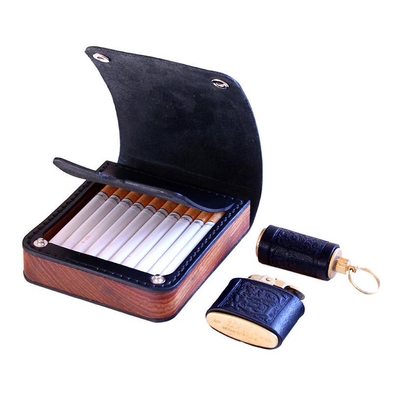 Handmade Wooden Coffee Leather Mens 20pcs Cigarette Case Cool Custom Cigarette Holder for Men