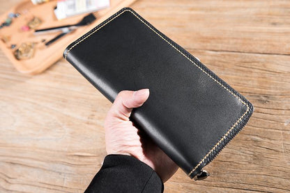 Handmade Leather Mens Clutch Wallet Cool Leather Wallet Long Zipper Phone Wallets for Men