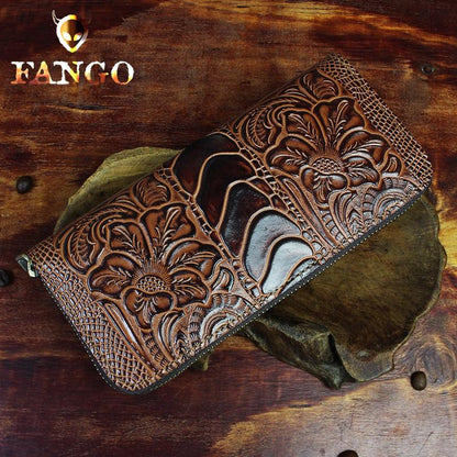 Handmade Leather Floral Mens Cool Zipper Phone Travel Long Wallet Card Holder Card Slim Clutch Wallets for Men