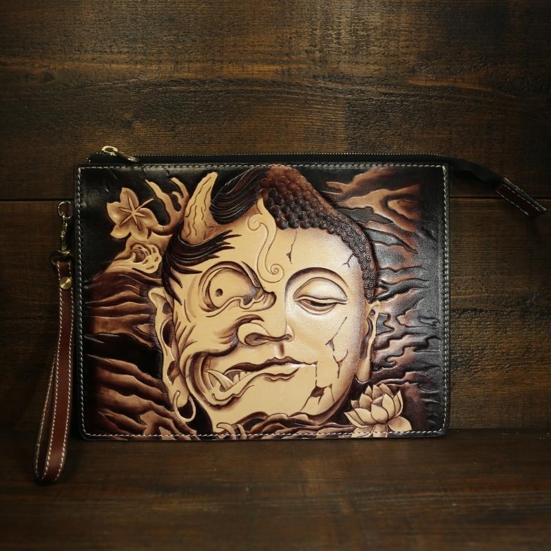 Handmade Leather Tooled Mens Cool Long Leather iPad Bag Wristlet Clutch Wallet for Men