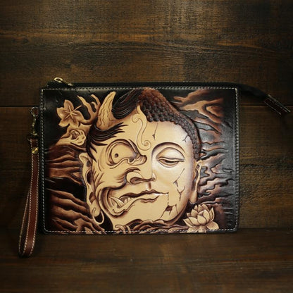 Handmade Leather Tooled Mens Cool Long Leather iPad Bag Wristlet Clutch Wallet for Men