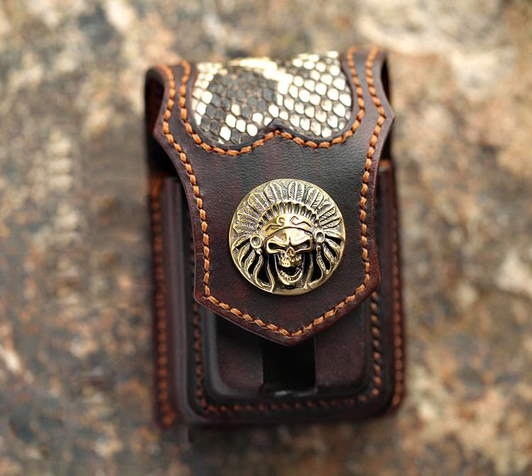 Vintage Leather Mens Skull Cool Cigarette Holder Case with lighter Holder for Men