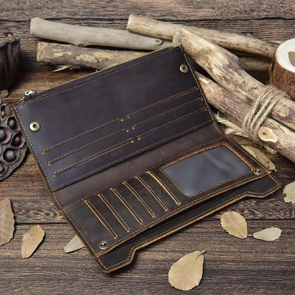 Handmade Leather Mens Cool Long Leather Wallet Passport Wallet Travel Wallet for Men