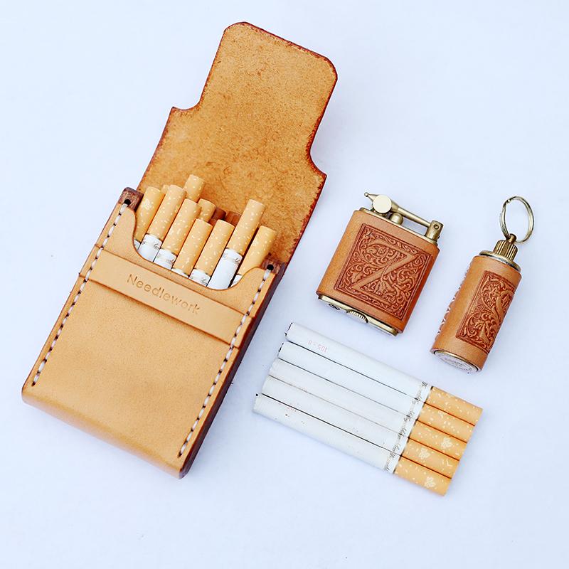 Cool Wooden Leather Mens 20pcs Cigarette Case Custom Beige Cigarette Holder for Men