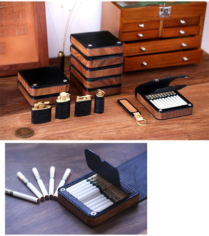 Handmade Wooden Coffee Leather Mens 20pcs Cigarette Case Cool Custom Cigarette Holder for Men