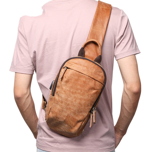 Cool Brown Mens Leather One Shoulder Backpack Chest Bag Sling Bag For Men