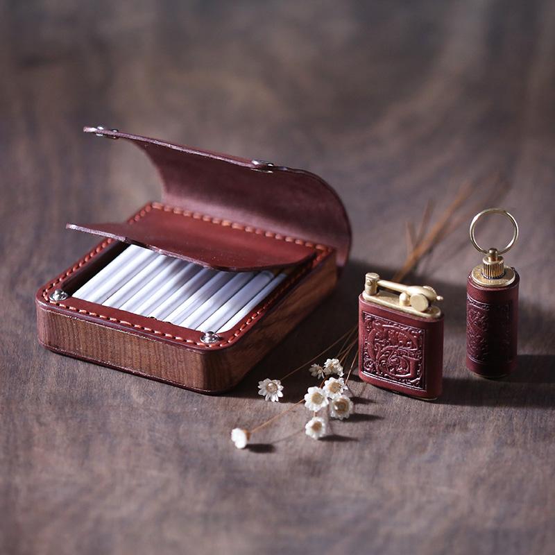 Handmade Wooden Coffee Leather Mens 10pcs Cigarette Case Cool Custom Cigarette Holder for Men