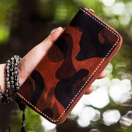 Handmade Leather Men Camouflage Cool Leather Wallet Long Phone Clutch Wallets for Men