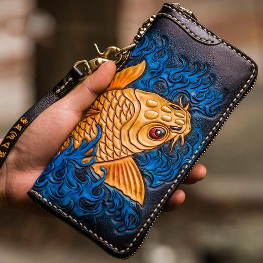 Handmade Leather Men Tooled Carp Cool Leather Wallet Long Phone Wallets for Men