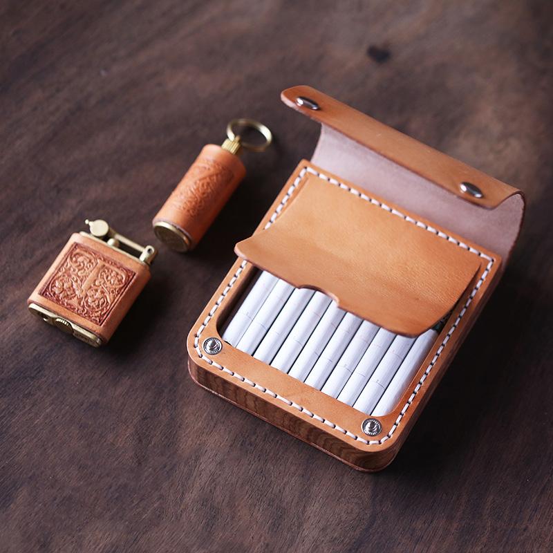 Handmade Wooden Coffee Leather Mens 20pcs Cigarette Case Cool Custom Cigarette Holder for Men