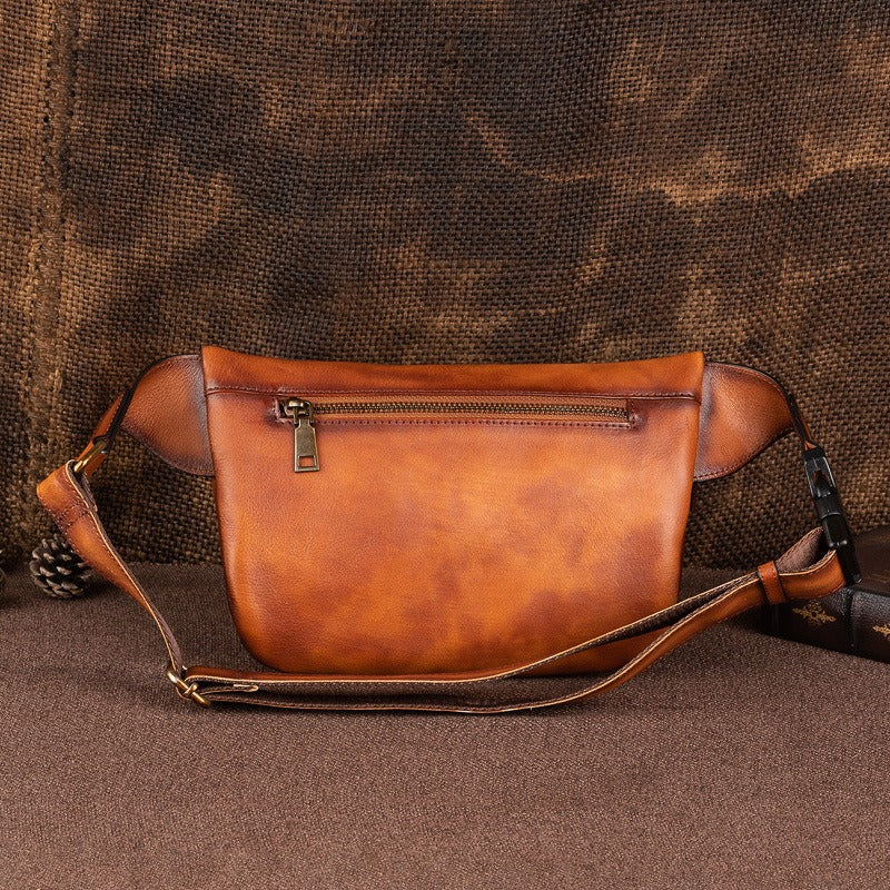 Tan Leather Fanny Pack Men's Chest Bag Vintage Hip Bag Tan Waist Bag For Men