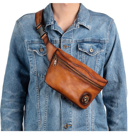 Tan Leather Fanny Pack Men's Chest Bag Vintage Hip Bag Tan Waist Bag For Men