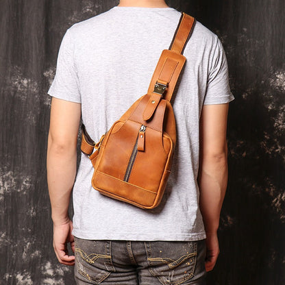 Tan Leather Men's Sling Bag Chest Bag Tan One shoulder Backpack Sling Pack For Men