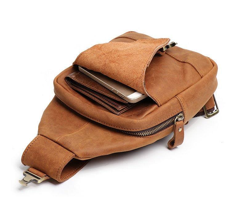 Tan Leather Men's Sling Bag Chest Bag Tan One shoulder Backpack Sling Pack For Men